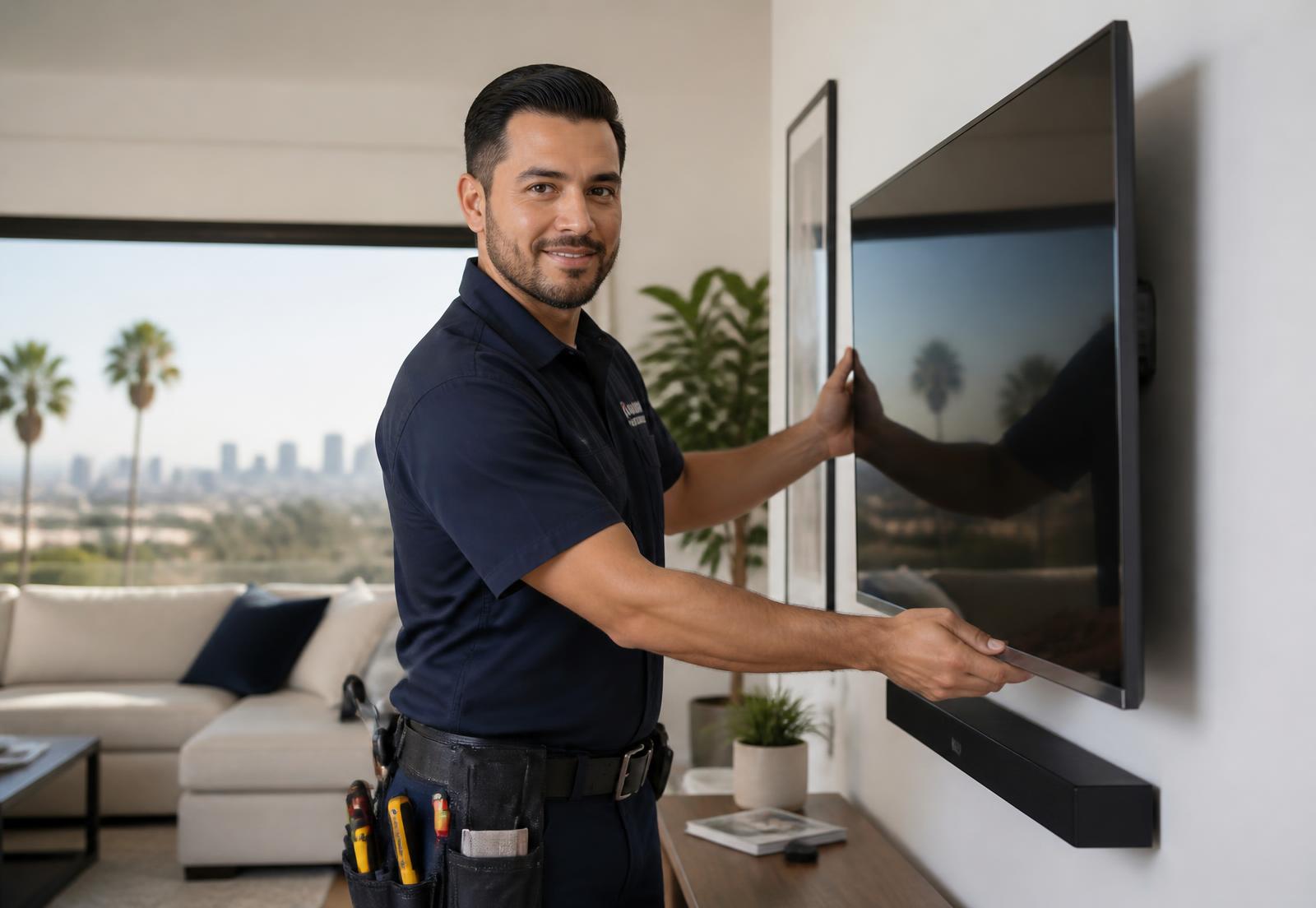 KAR handyman mounting a television in a Los Angeles living room