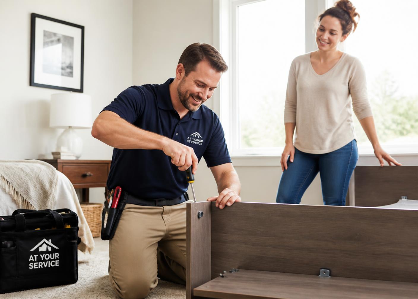 Handyman assembling furniture while a homeowner looks on